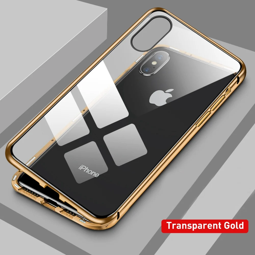 OTAO двусторонний стеклянный Магнитный чехол для iphone 7 8 Plus XS Max Xr X Металлический Магнитный чехол на 360 градусов для iphone 6 Coque - Цвет: Transparent Gold