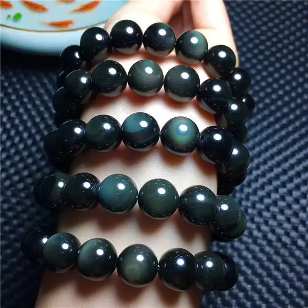 

Natural Green Obsidian Rainbow Round Beads Stretch Bracelet AAAA 12mm