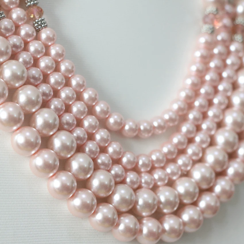 Высокое качество розовый Круглый Shell Имитация Жемчуга 5 рядов ожерелье хрусталя