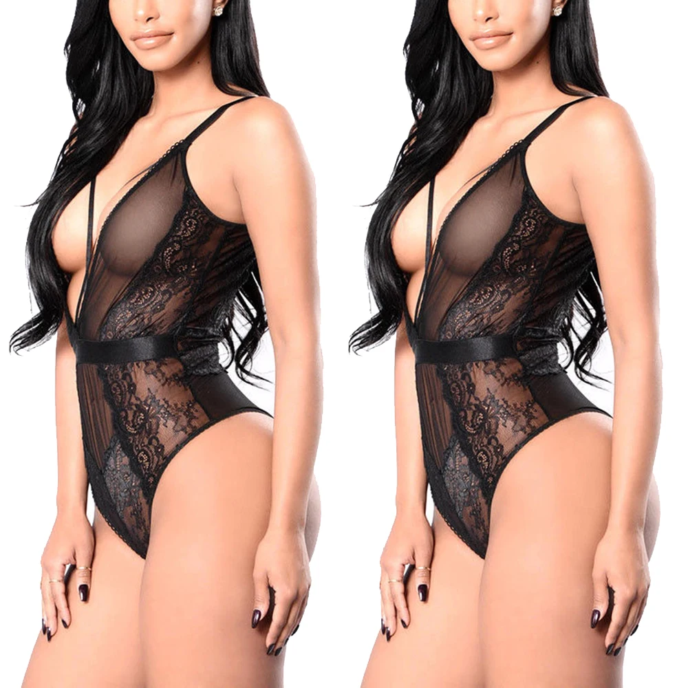 Сексуальное черное женское нижнее белье боди с кружевной сеткой комбинезон на