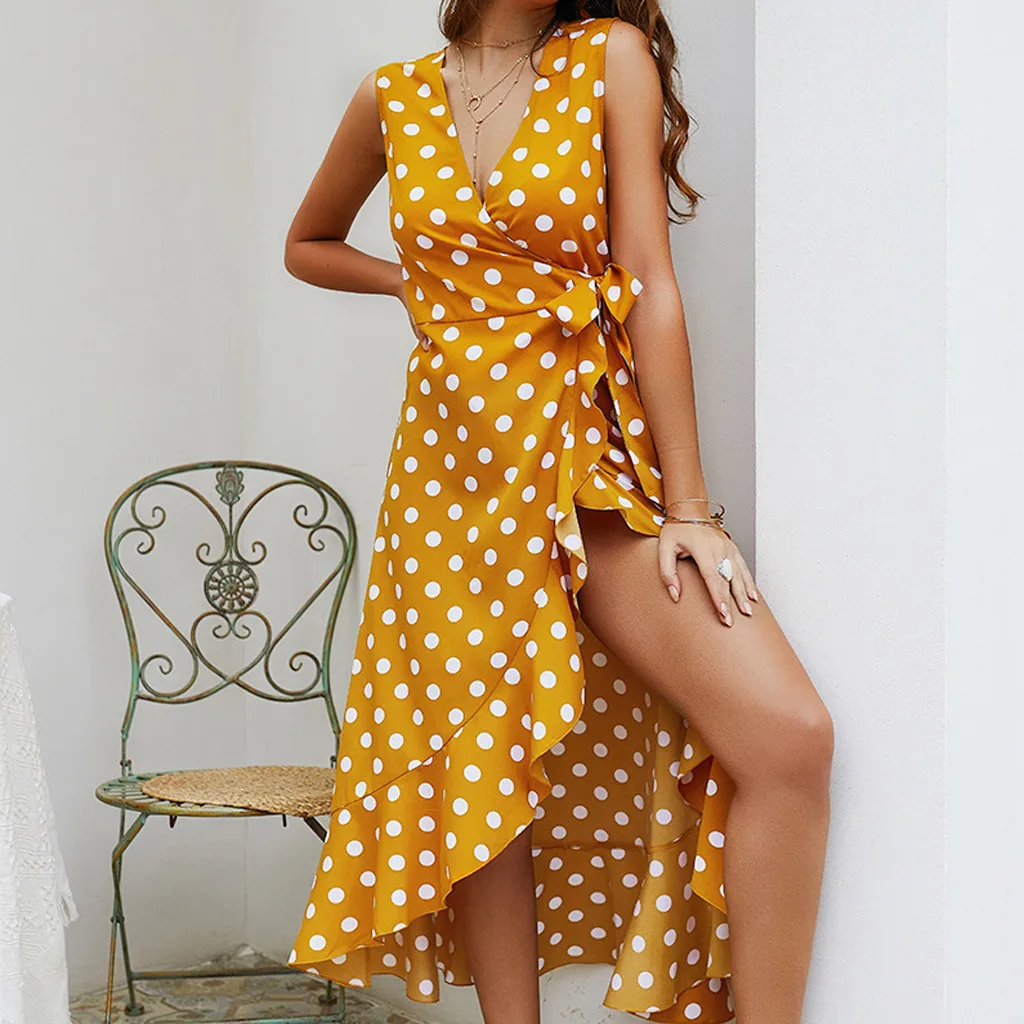 Casual Summer Outdoor Beach Lady V-neck Dot Print Sleeveless Irregular Maxi Dress Party Elegant Sexy Bohe Long | Женская одежда