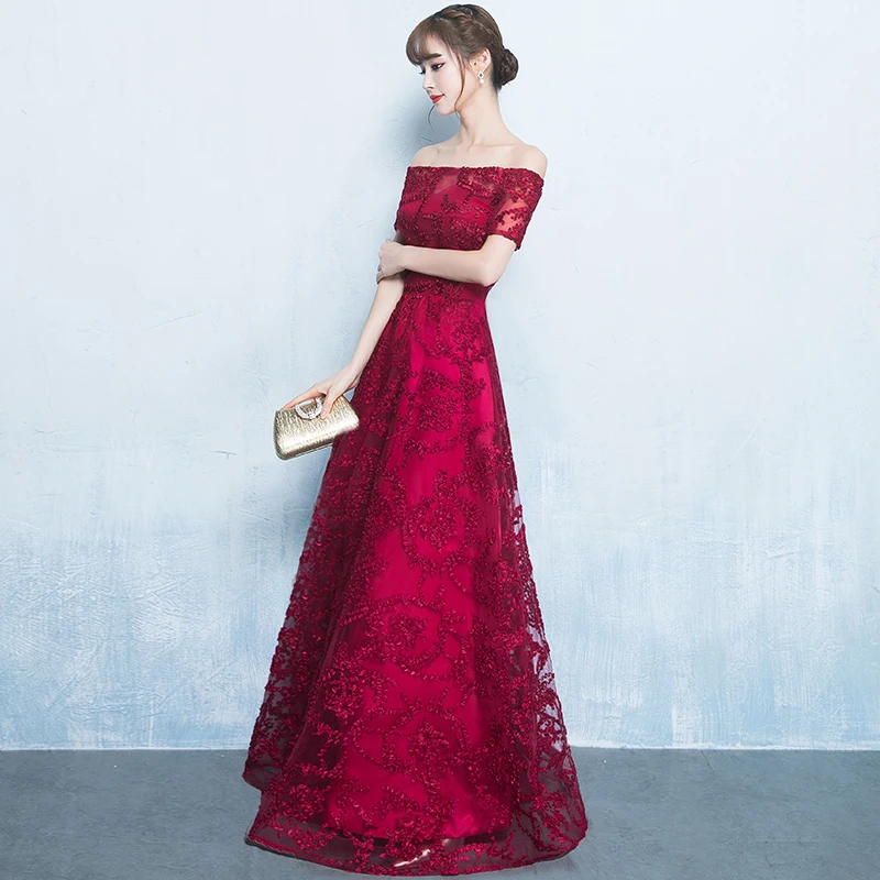 Noble Women Off Shoulder Full Length Appliques Cheongsam Elegant Evening Party Gowns Royal Classic Red Bridesmaid Wedding Dress |
