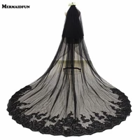 two layers sequins lace edge 3 meters black long wedding veil with comb 2t bridal veil voile mariage