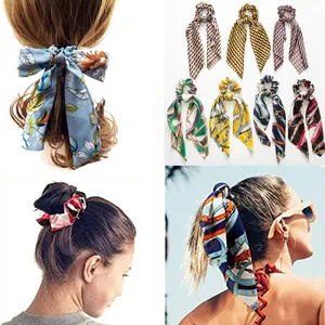 Женская лента для волос с длинными кисточками и узелком, лента для волос с цветочным принтом и хвостиком, тканевая лента для волос с большим бантом, аксессуары для волос