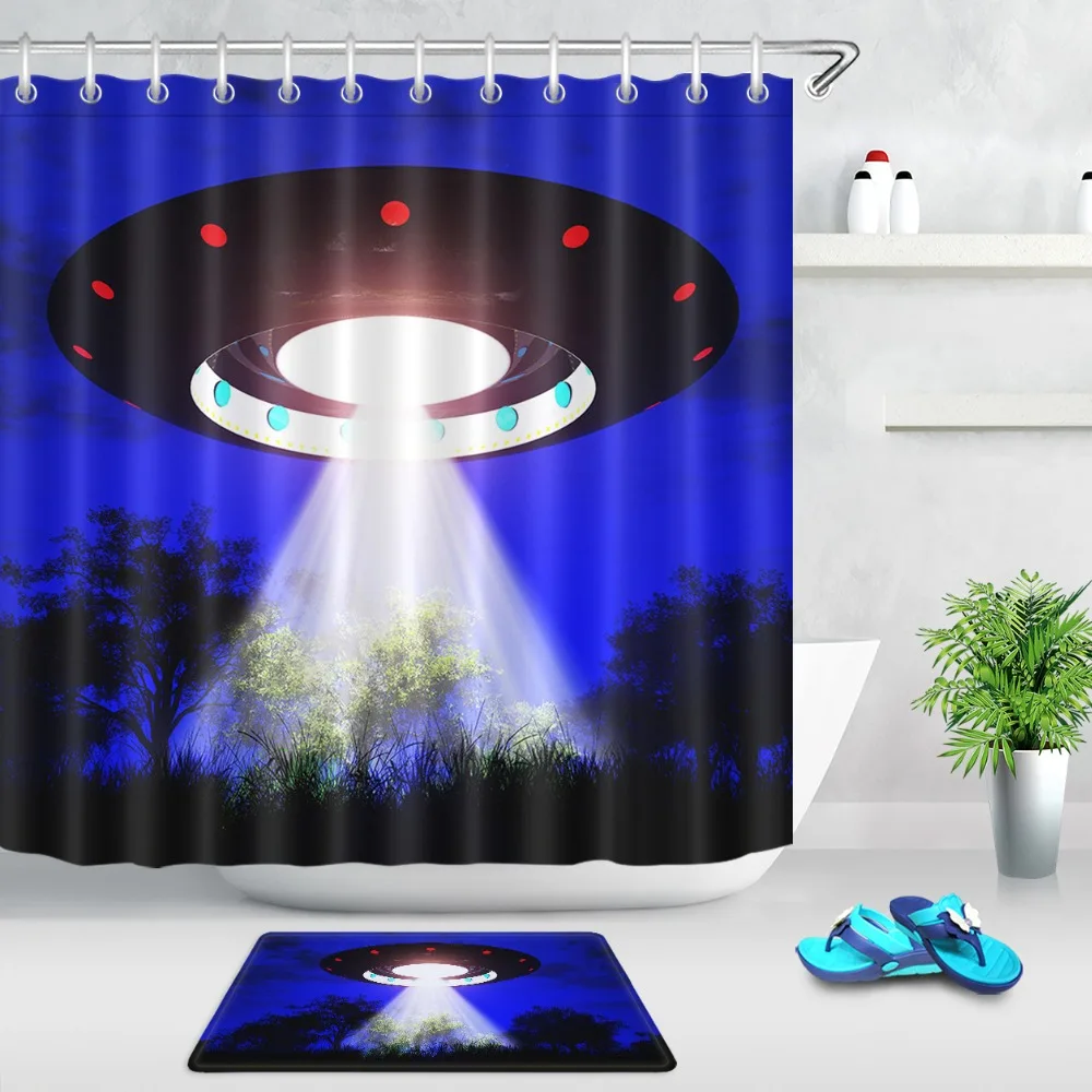 

Фантастика поле синий НЛО Alien душ белый светильник занавеска ванная комната коврик Водонепроницаемый полиэстер ткань для ванной домашний д...