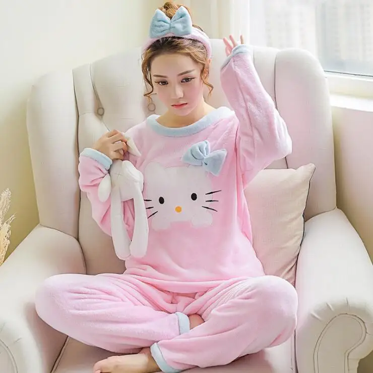 Осень-зима Для женщин пижамы длинный рукав фланель милый рисунок «Hello Kitty» пижамы наборы Повседневное толстые пижамы пуловеры - Цвет: Pink