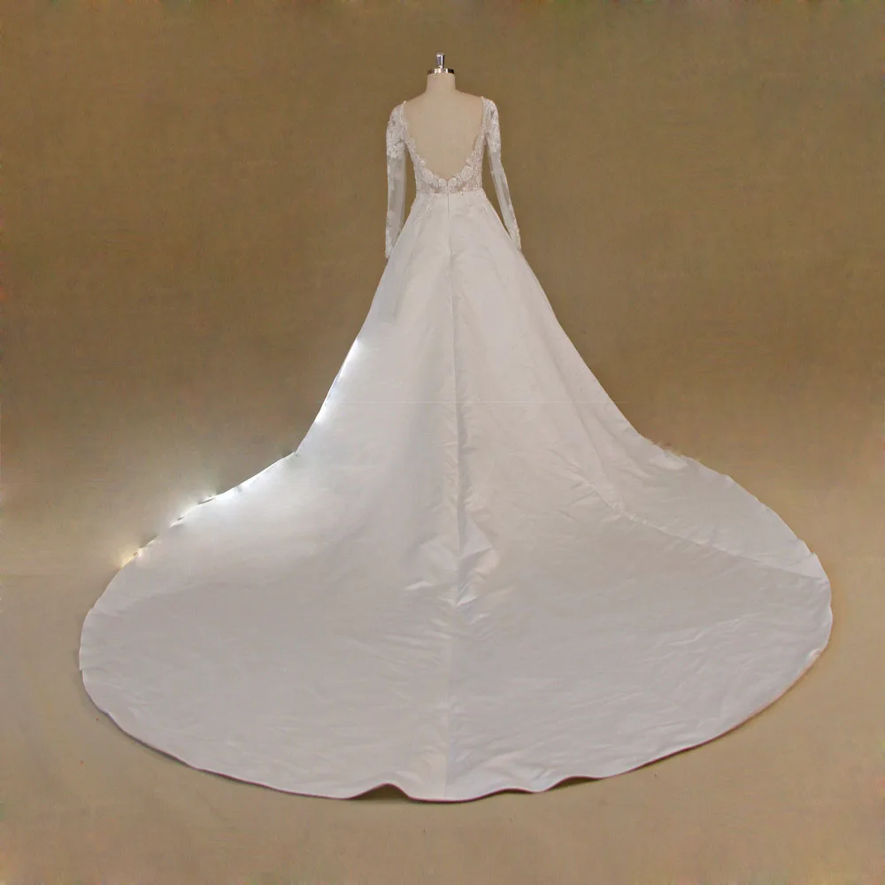 Lien Z.tang Satin A line Big backless wedding dress with long sleeve real picture royal bridal gown train elegant bride | Свадьбы и