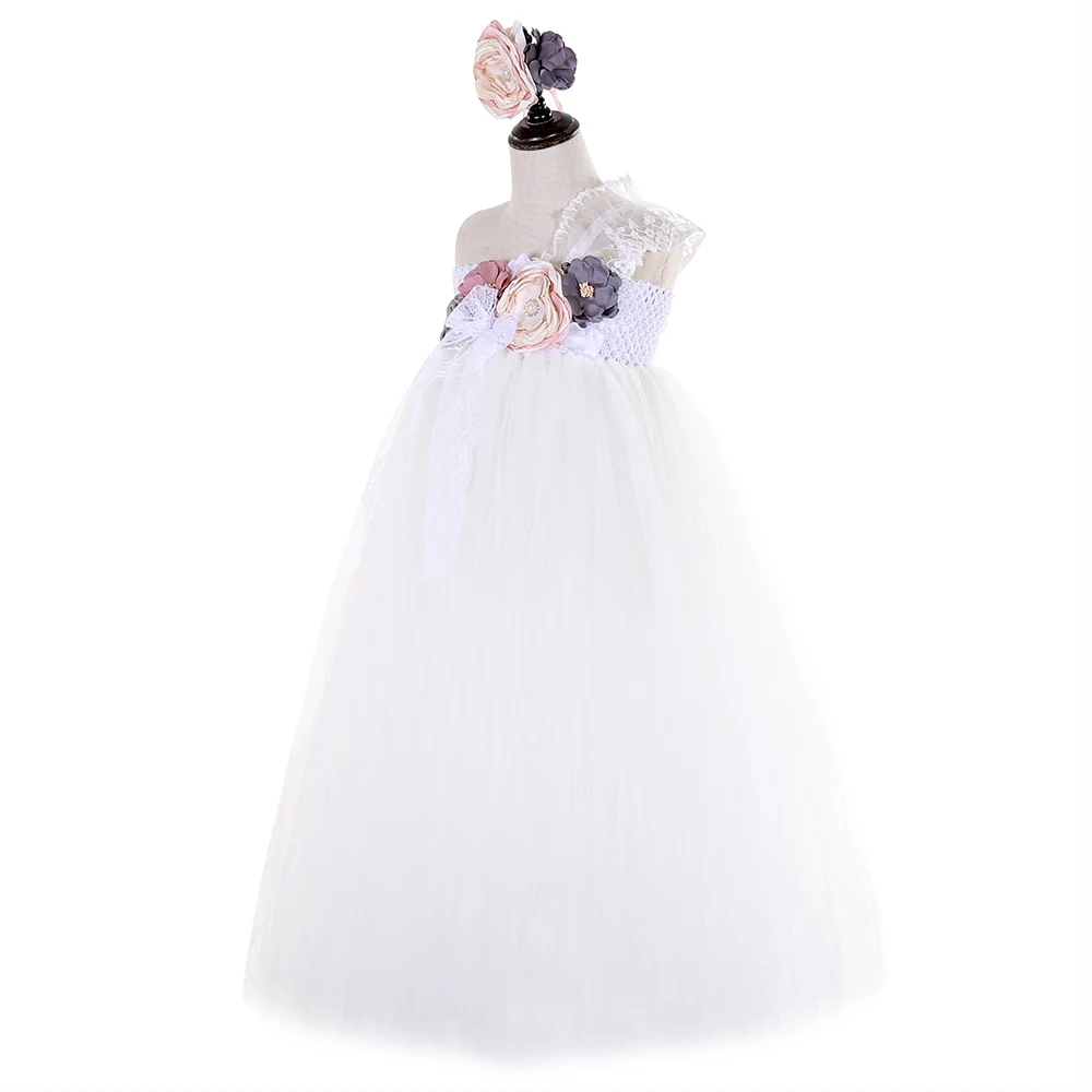 Elegant Flower Girl One Shoulder Dress for Girls Voile Tutu Kids Bridesmaid Ankle Length Party Set Baby Clothes | Детская одежда и