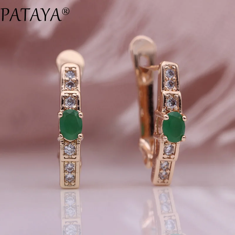 PATAYA New Oval Green Earrings Women Fashion Wedding Cute Fine Jewelry 585 Rose Gold Multicolor Natural Zircon Dangle | Украшения и