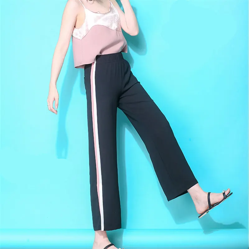 Летние широкие брюки с высокой талией из ледяного шелка женские свободные