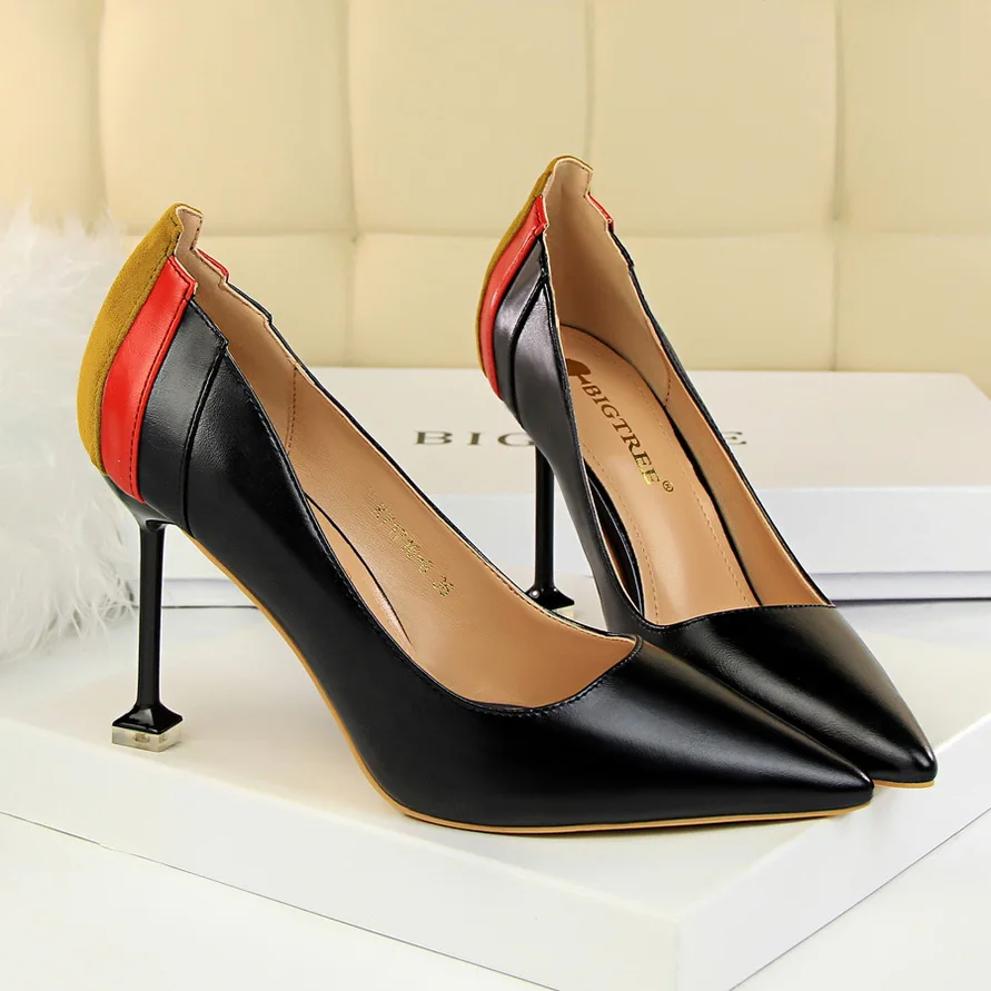Size34-39 Woman High Quality Patchwork Pumps Pointed Toes 9.5CM Heels Shoes Female Slip-on Career Parties Dress | Обувь