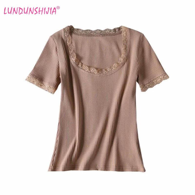 Женская футболка LUNDUNSHIJIA кружевная с коротким рукавом и круглым вырезом 2019 |