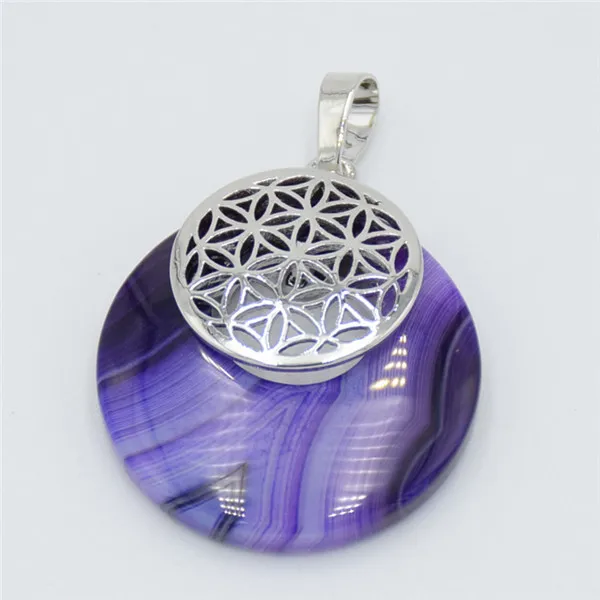 Purple Stripe Agate Мода цветок жизни кулон Йога Исцеление чакры натуральный камень кристалл Мандала Подвеска для ожерелья для мужчин женщин рейки ювелирные изделия - Окраска металла: Purple Stripe Agate