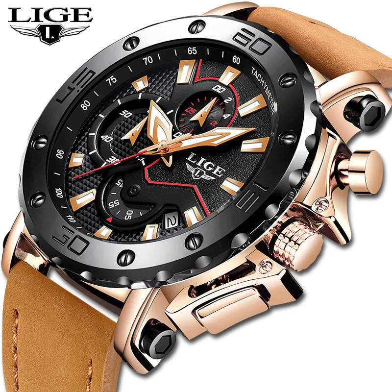 LIGE Мужские часы Бизнес Дата хронограф водонепроницаемые кварцевые мужские повседневные кожаные большой
