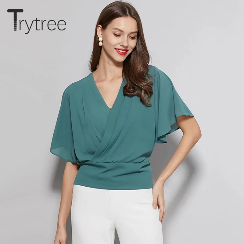 Trytree летний топ Женская блузка повседневная однотонная зеленая рубашка Топы