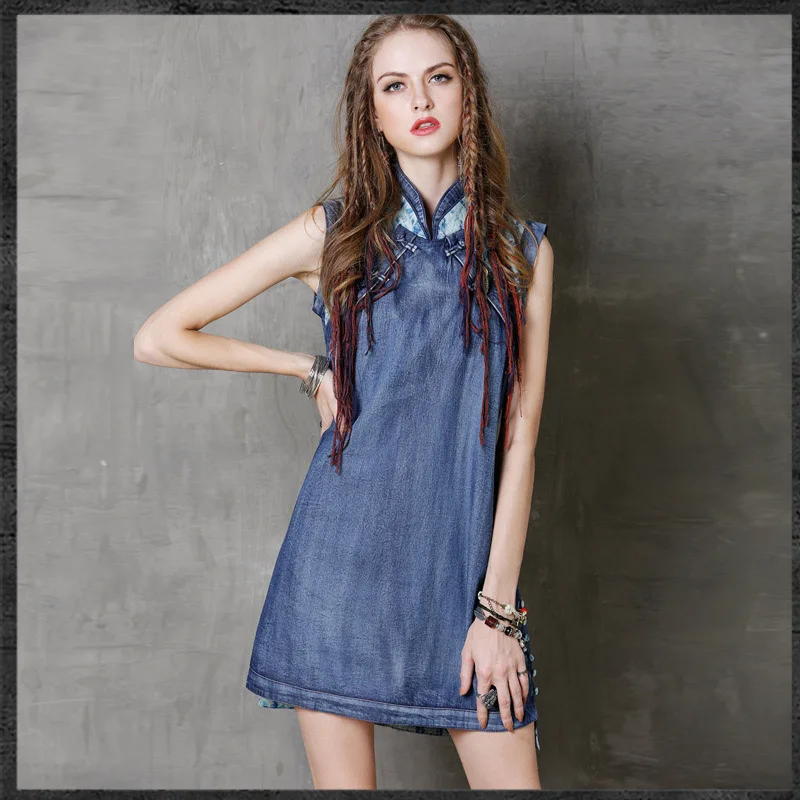 2017 женские джинсовые винтажное платье Стенд воротник печати короткие летние