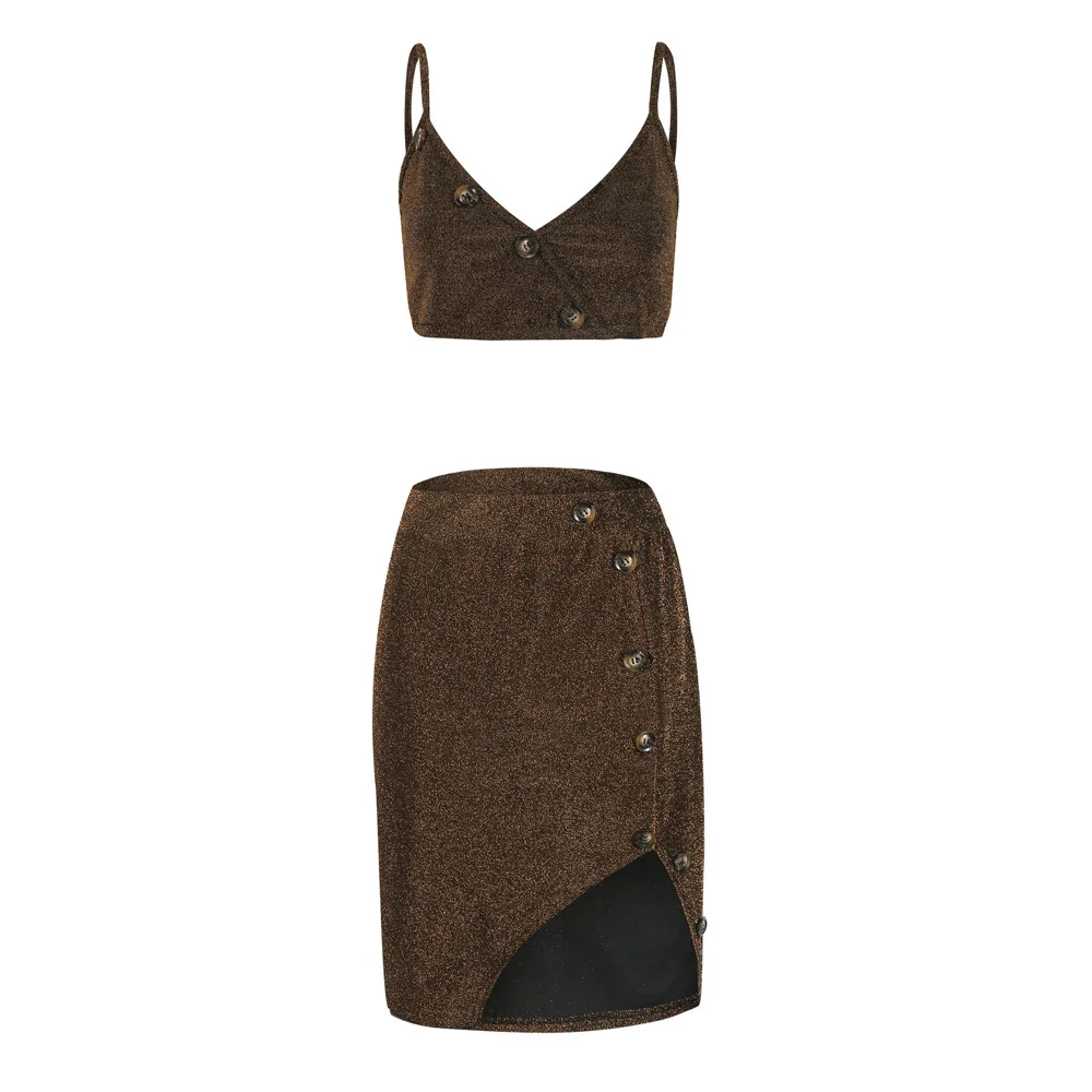 

Sexy Spaghetti Strap Women's Sets Crop Tops And High Waist Split Bodycon Mini Skirts Summer Suit Two Piece Club Skirt Set Button
