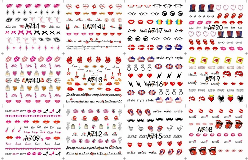A709-720 12 sheets lot water transfer nail art decorations stickers decals manicure nails supplies tool Cute animal cat dog rabbit - Цвет: A709-720