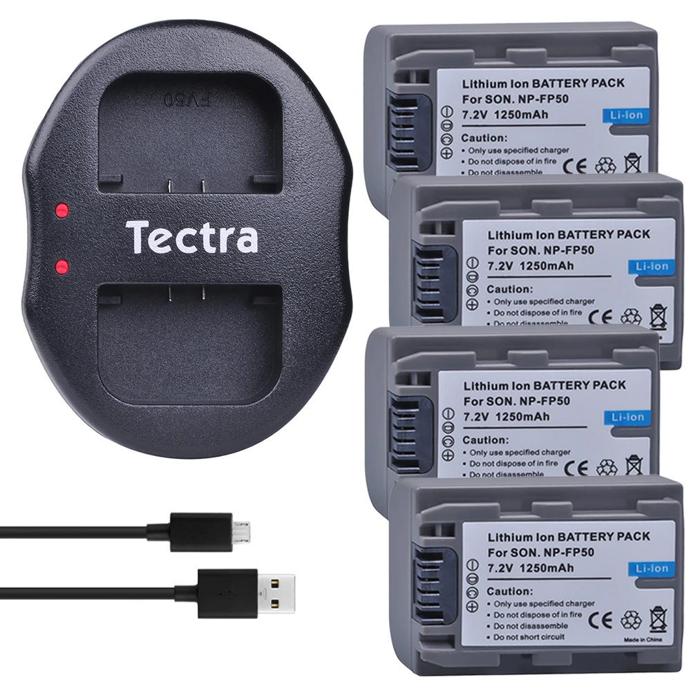Tectra 4 шт. NP FP50 батарея камеры + двойное зарядное устройство USB для Sony DCR HC30 40 4365 65 85 94E