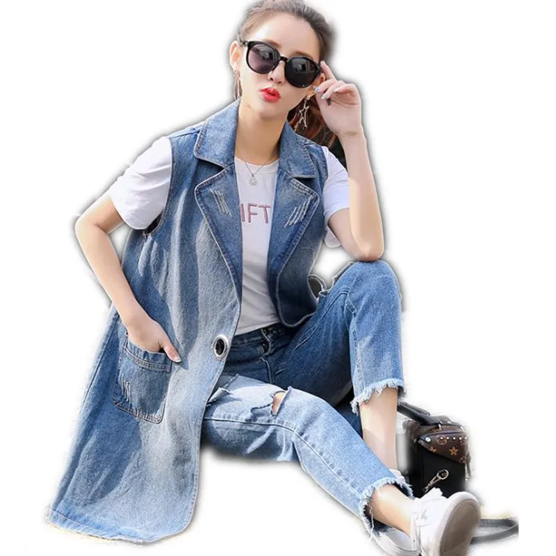 

Plus Size 3XL Fashion Streetwear Women Denim Vest 2018 New Spring Autumn Medium-Long Women Denim Vest Slim Single Button Q105