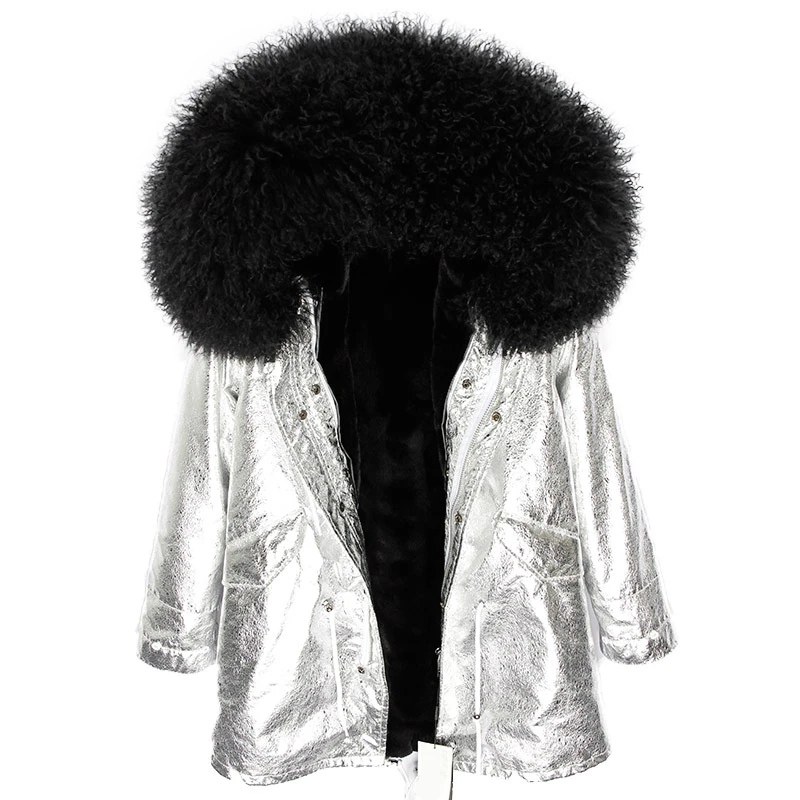 silver black Натуральное меховое пальто OFBUT зимняя куртка женская длинная парка натуральный монгольский овечий меховой капюшон, воротник Толстая теплая уличная Фирменная Новинка - Цвет: silver black