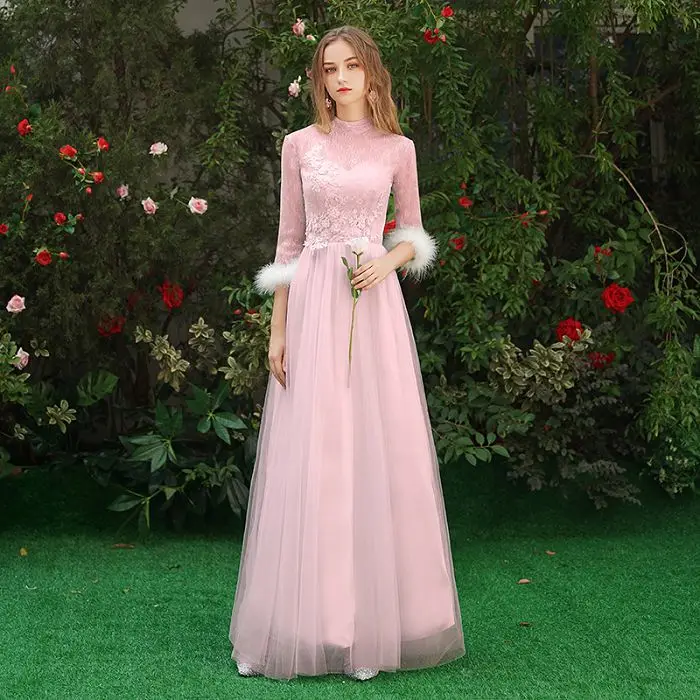 Pink D Красивые розовые кружевные платья подружки невесты Emily, длинное ТРАПЕЦИЕВИДНОЕ свадебное платье, торжественное платье, Robe De Soiree - Цвет: Pink D