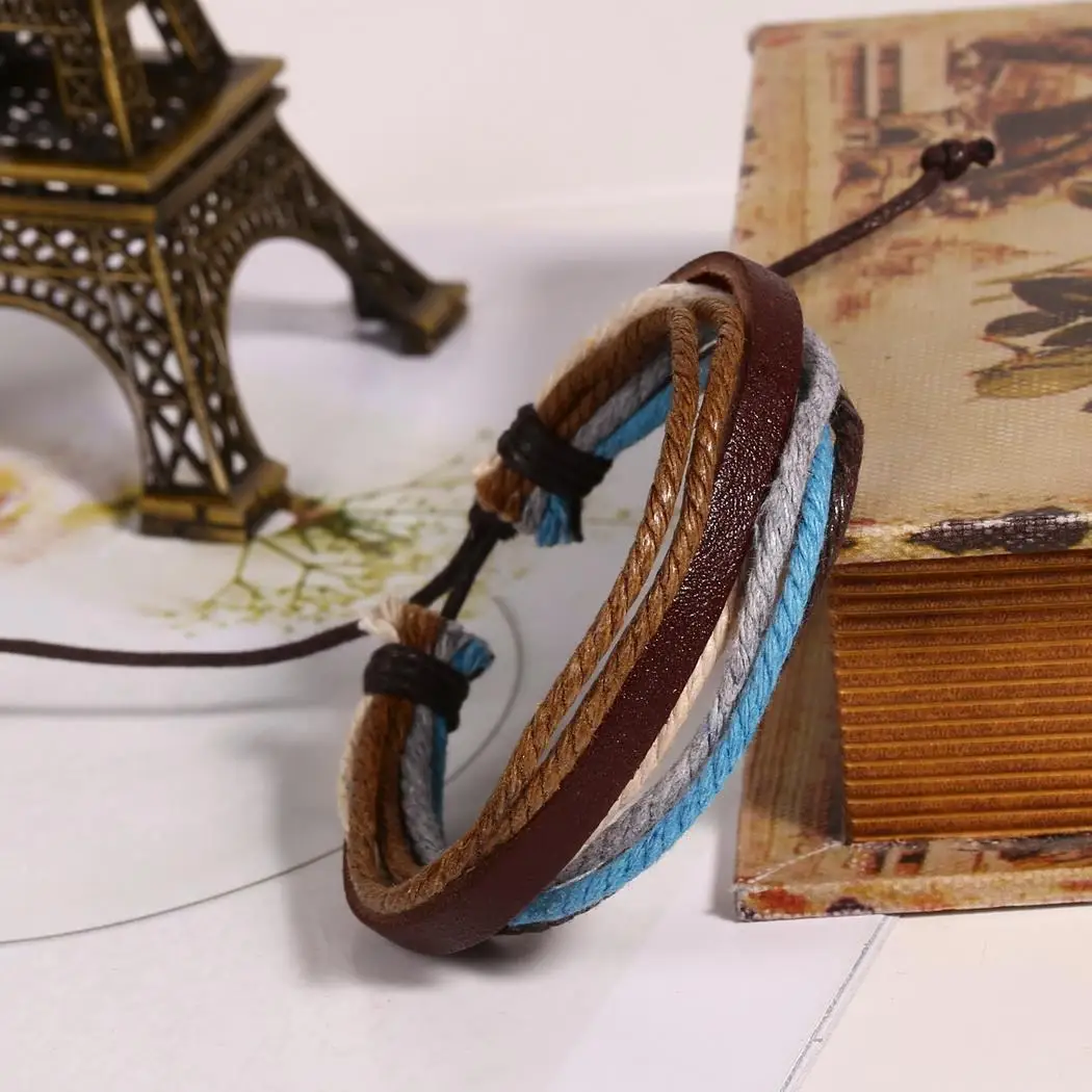 layer Adjustable Multilayer Unisex Casual Composite Cuff Wristband Braided Rope Artificial Bracelet Charm multi Wax Leather | Украшения и