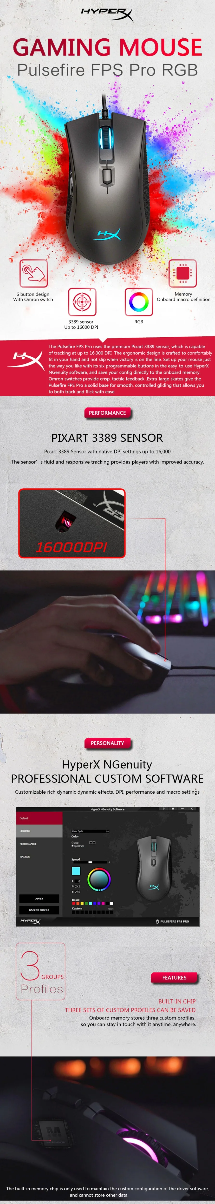 Kingston E-sports мышь HyperX Pulsefire FPS Pro RGB игровая мышь Pixart 3389 сенсор проводная мышь с родным dpi до 16000
