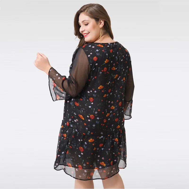Summer Chiffon Floral Print Women Dress Sexy Female Voile Long-Sleeve Double Ruffle Elegant Casual Short Plus Size Party Dresses | Женская