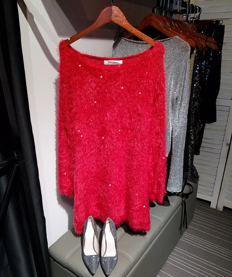 Cakucool блестками вязаное платье Для женщин с длинным рукавом Осень Vestidos украсить Повседневное прямой v-образный вырез Бисер короткий вязаный тянуть платья