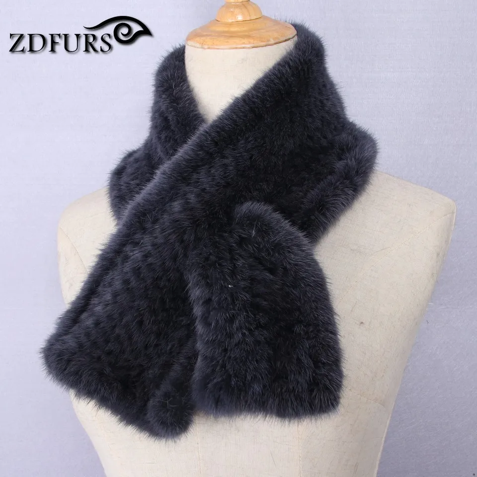ZDFURS* Настоящая норка трикотаж меховые шарфы унисекс, теплый зимний модный черный шарф Женская шаль 90*12 см