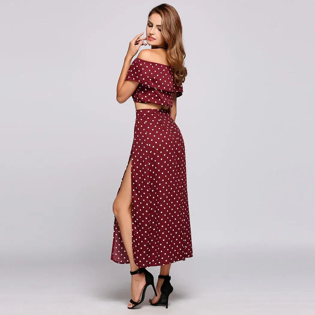 Shoulder the Off Polka Dot Ruffle Bandeau and Split Skirt Set | Женские костюмы