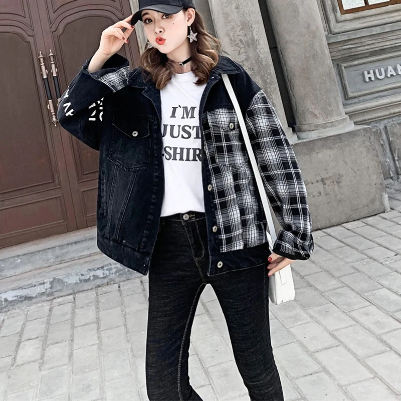 Осенняя стежка черная Свободная джинсовая куртка Harajuku куртка-бомбер уличная клетчатая черная джинсовая куртка женская куртка с буквенным принтом
