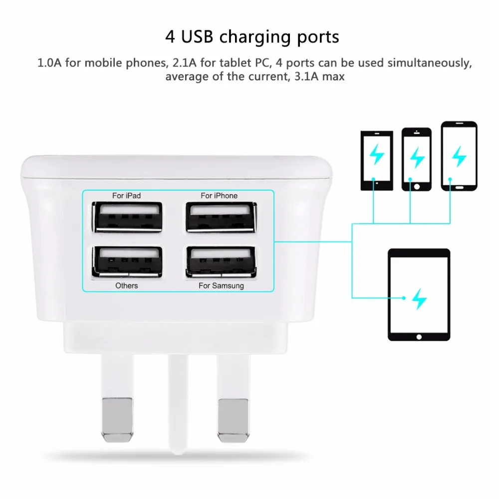 Универсальное зарядное устройство для телефона 5 в 3 1 А 4 usb-порта британская вилка