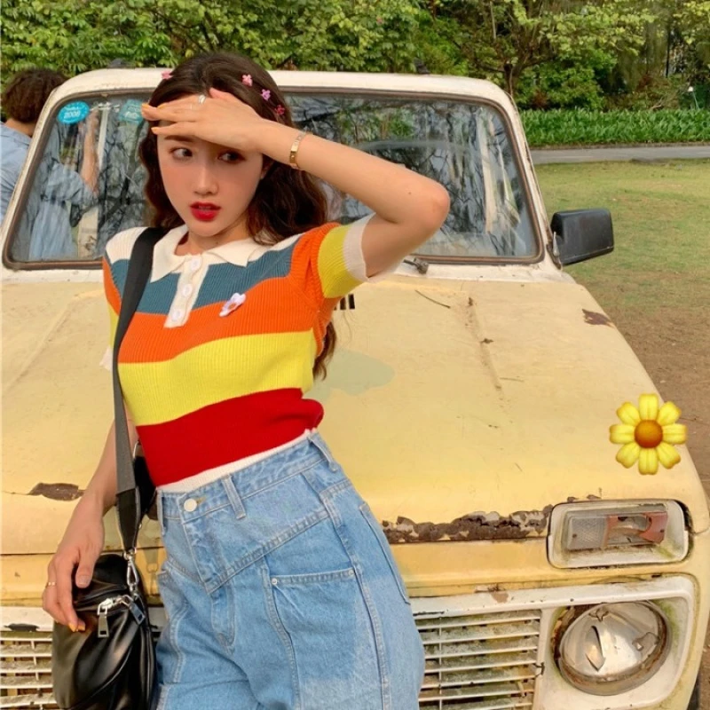 Женская трикотажная футболка с коротким рукавом Радужный контрастный цвет