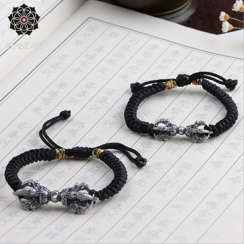 

100% 925 Silver Buddhist Vajra Bracelet 925 Silver Tibetan Dorje Beaded Bracelet Vintage Silver Tibetan Braided Bracelet Unisex