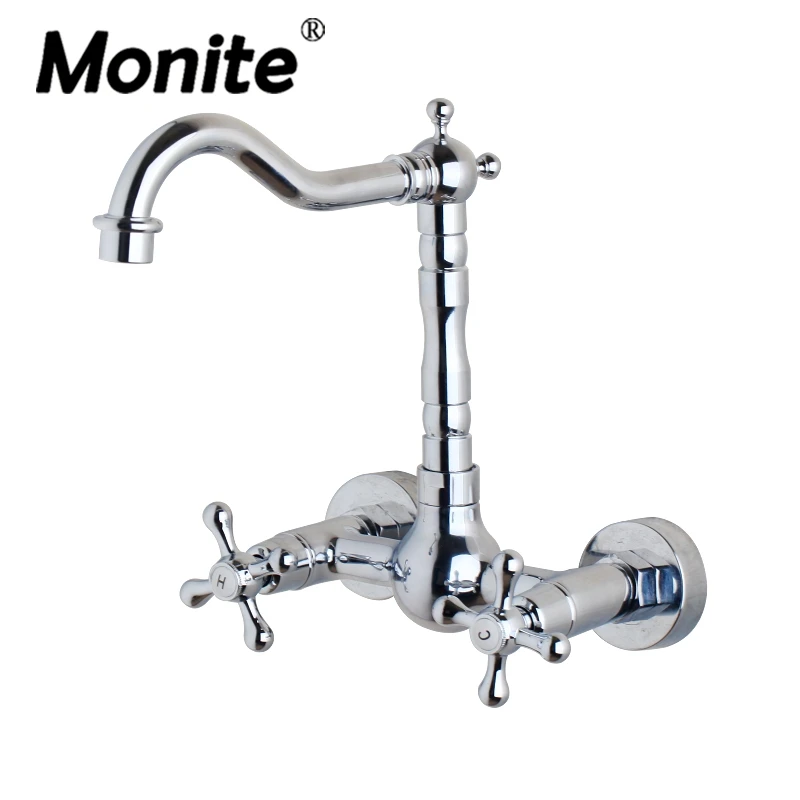 

Monite 360 Поворотный Настенный хромированный латунный кран для ванной комнаты, смеситель для раковины, кухонный кран для раковины, 2 ручки