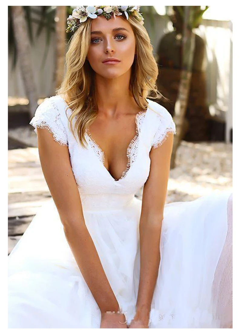 LORIE сексуальное свадебное платье-бохо с глубоким вырезом белое пляжное платье