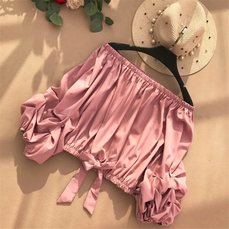 pink blouse Neploe, женские рубашки с вырезом лодочкой и открытыми плечами, лето, новые корейские короткие женские блузки с бантом, топы, модные шифоновые Блузы 68093 - Цвет: pink blouse