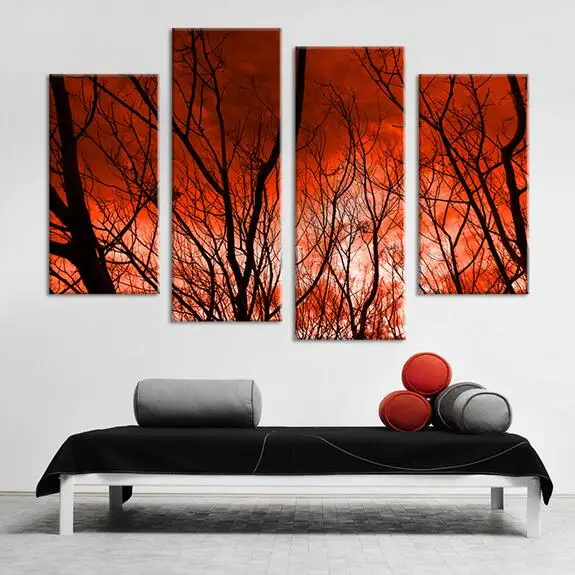 4 P картина маслом Красные облака и мертвые деревья Wall Art Украшения Дома Гостиная