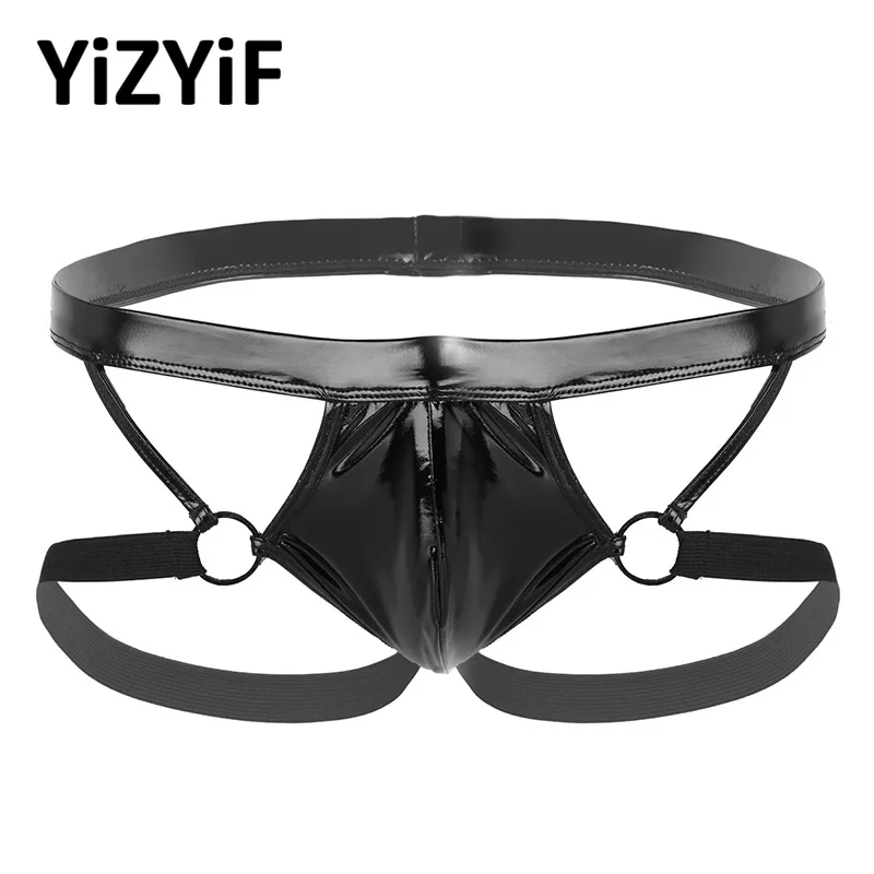 Сексуальные мужские бикини, купальник jockstrap мужчины купальник нижнее белье Wet Look лакированная кожа Bulge Pouch открытый приклад низкая посадка трусики-танга