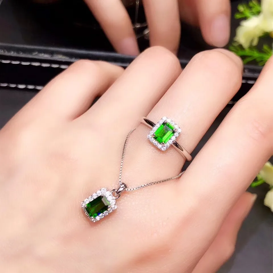 elegant rectangle green diopside pendant for necklace real 925 silver material natural gem clear gold plated color | Украшения и