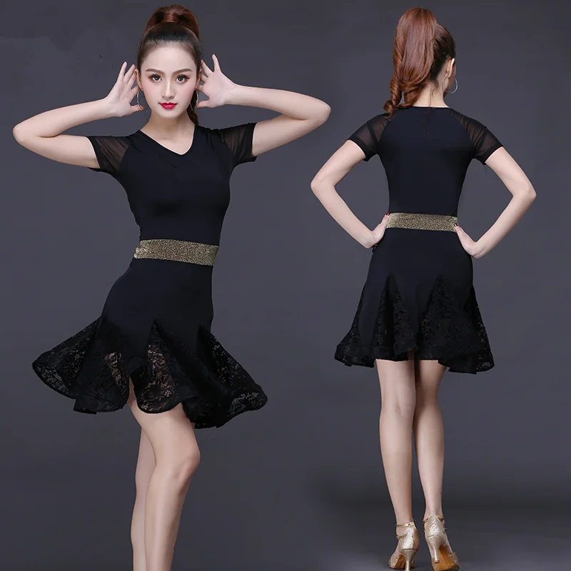 

2021 New Fashion Sexy Short-sleeve Latin Dance Lace one-piece dress for women/female, Ballroom tango Cha Cha Rumba Costumes