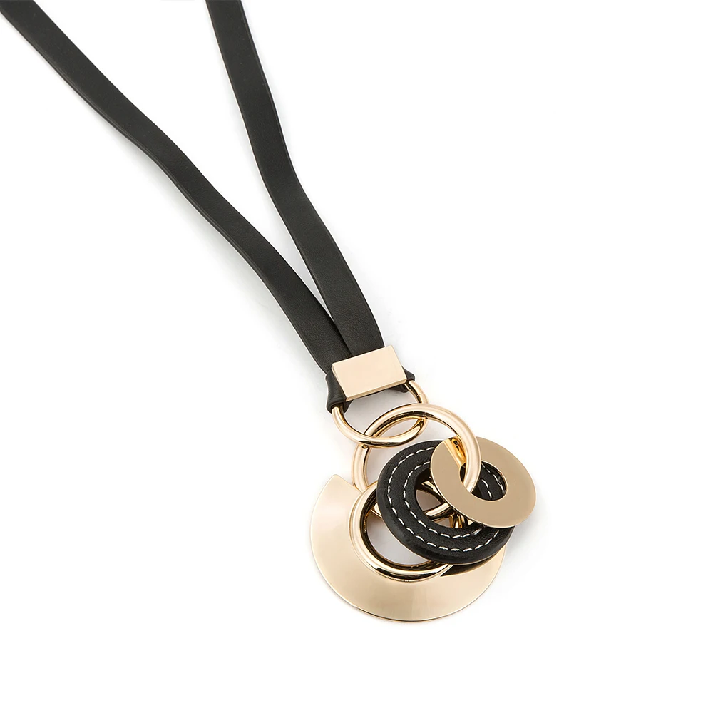 Черное кожаное ожерелье золотой цвет геометрические формы с круглой подвеской