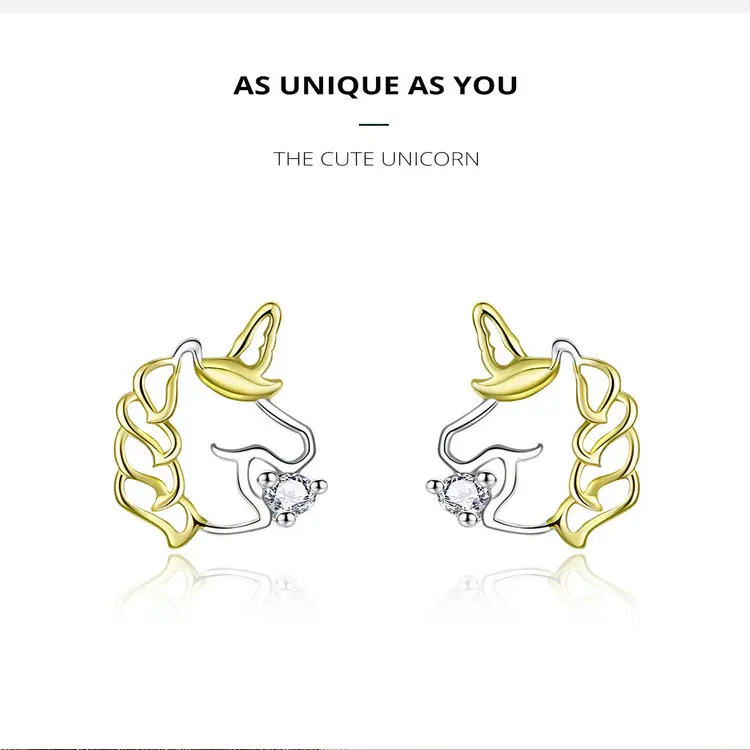 Unicorn Earrings BISAER 925 Sterling Silver Pure Love Licorne Unicorn Exquisite Stud Earrings for Women Silver Jewelry EFE234