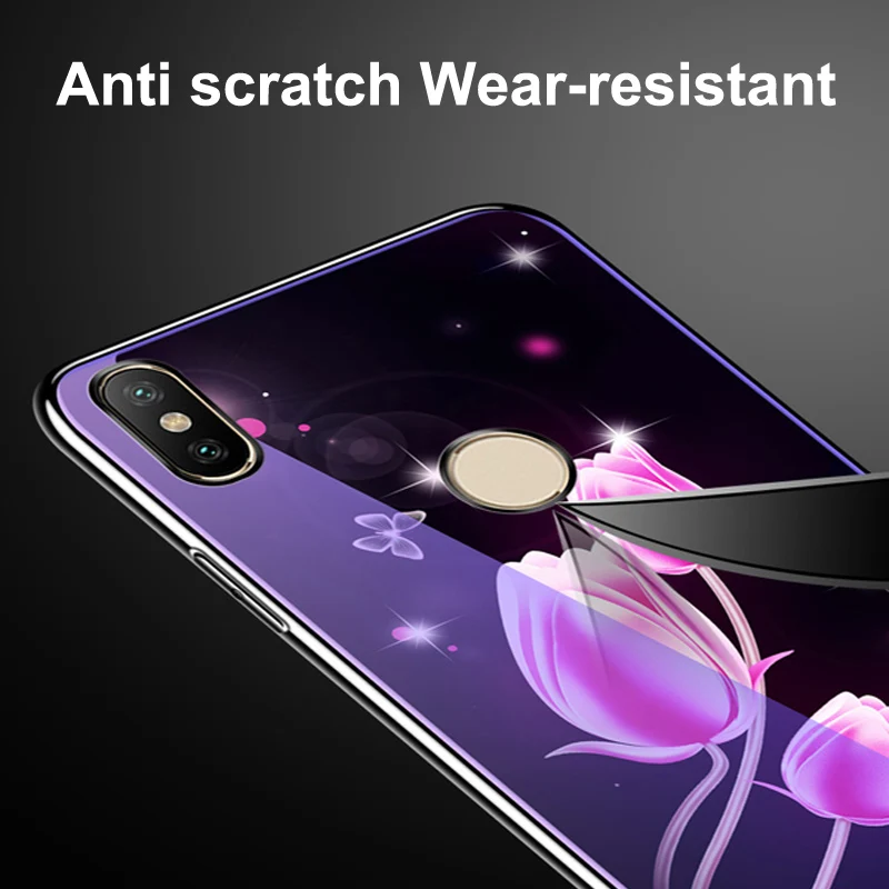 Cover For xiaomi mi Mix 2s case flower blue Tempered Glass back cover Mix2s phone cases 2 s protective casing | Мобильные телефоны