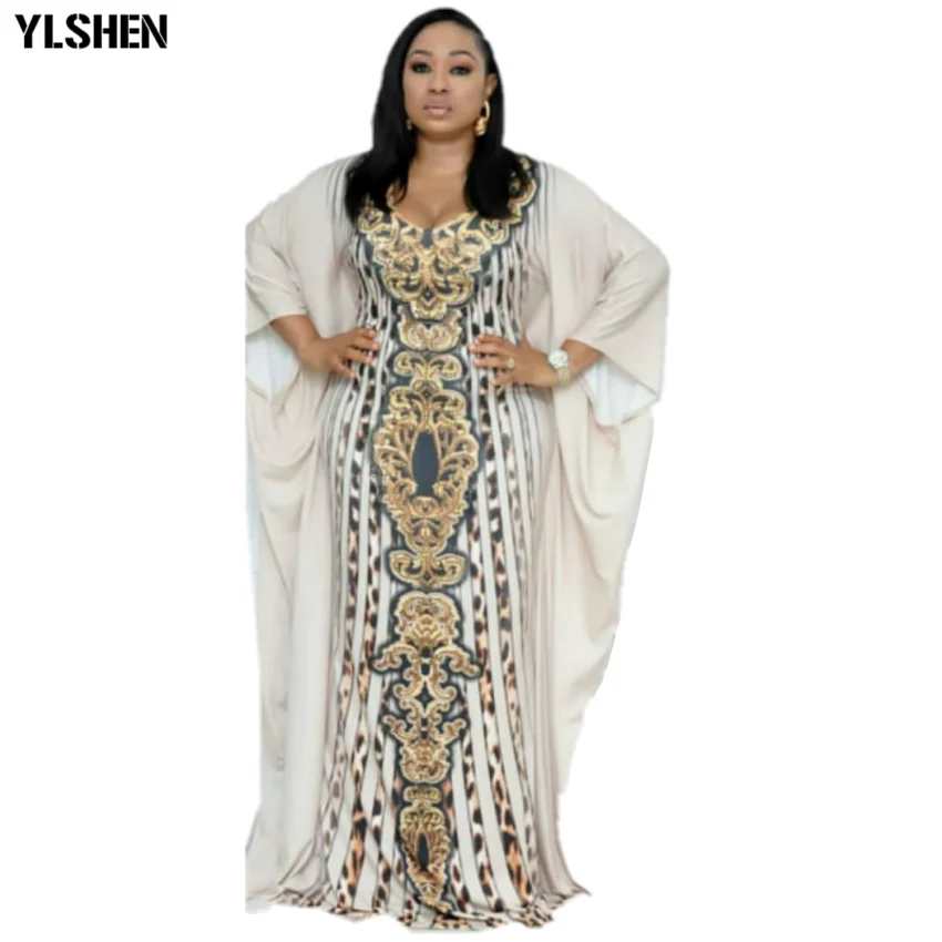 

African Dresses for Women Dashiki Diamond African Clothes Bazin Broder Riche Sexy Ruffle Sleeve Slim Print Long Africa Dress