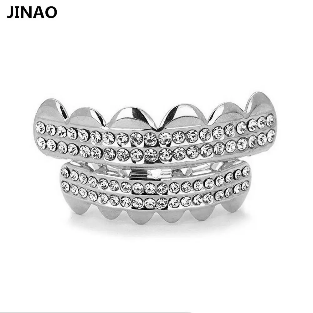 12 комплектов цзинао Позолоченные ICED OUT CZ зубы GRILLZ верхней нижней крышки зуба хип хоп Bling комплект решеток для Рождества - Окраска металла: 2 lows silver