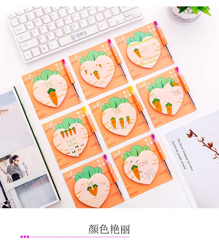 Милый мультфильм Морковка с ручкой блокнот Kawaii клейкая бумага для заметок блокнот для школы наклейка для планировщика блокнот канцелярские принадлежности