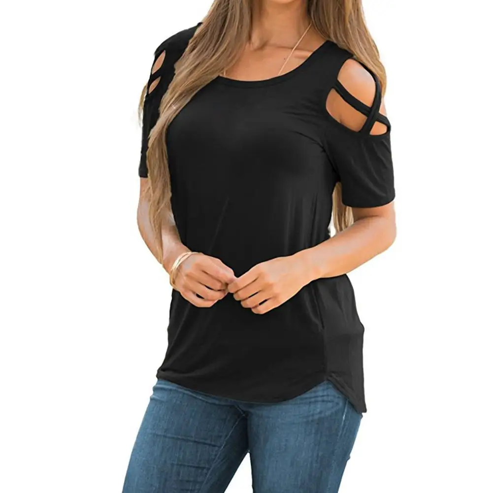 New Style Women Round Neck Off Shoulder Top T-Shirt Solid Color Short Sleeve T-shirt Female Vestido | Женская одежда